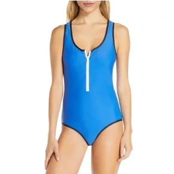 NWOT Rag & Bone blue & black colourblock one piece swimsuit w/ contrast zipper - Picture 6 of 9